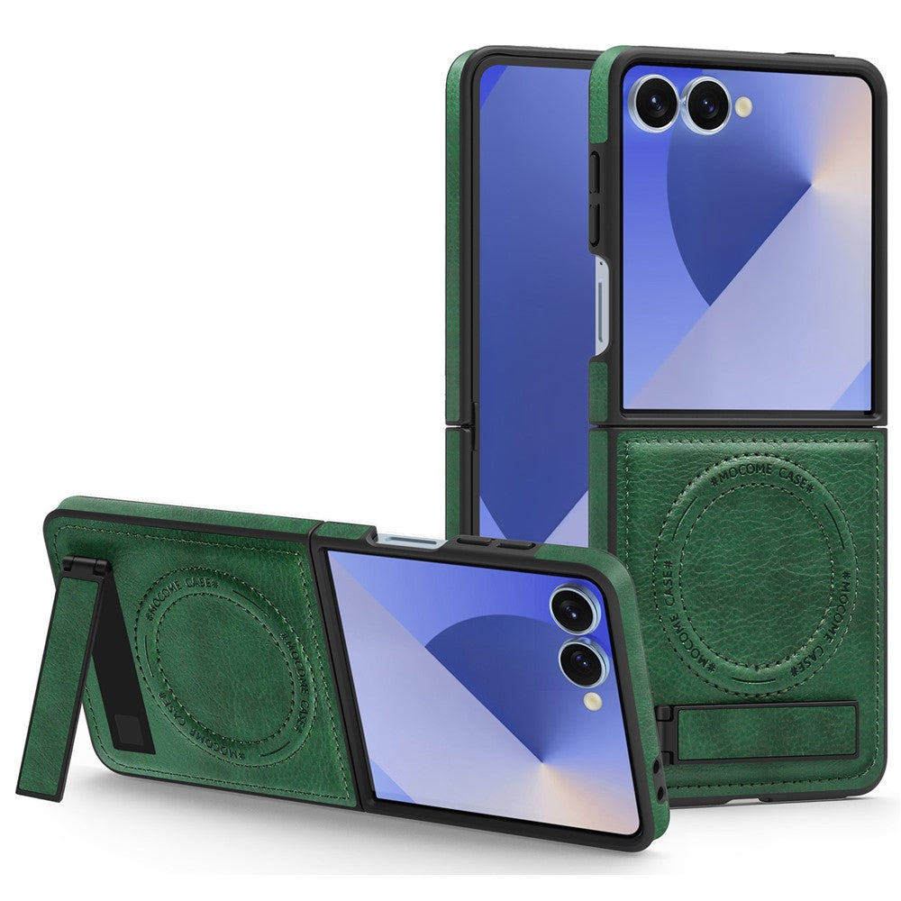 For Samsung Galaxy Z Flip7 5G Case Compatible with MagSafe Kickstand Leather Phone Back Cover - Blackish Green
