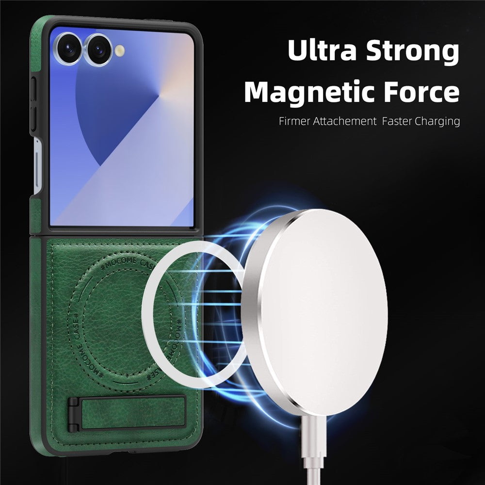 For Samsung Galaxy Z Flip7 5G Case Compatible with MagSafe Kickstand Leather Phone Back Cover - Blackish Green