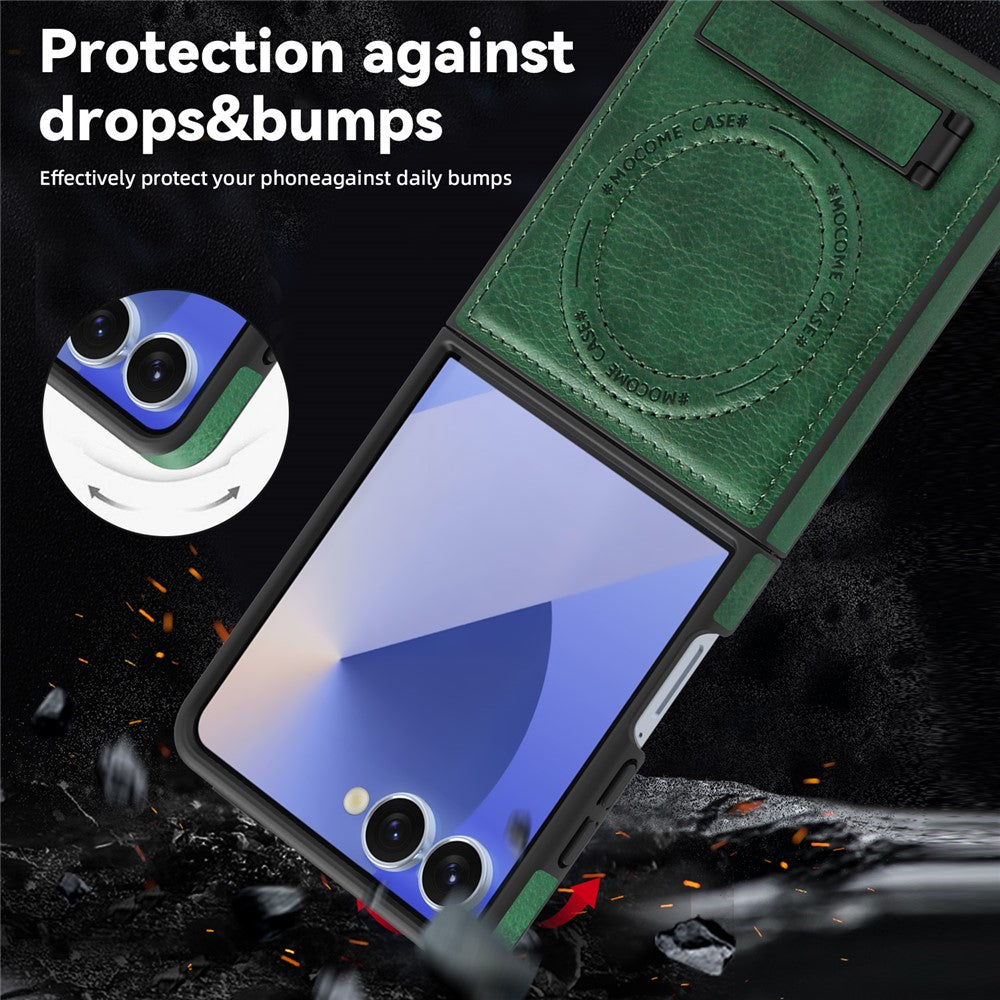 For Samsung Galaxy Z Flip7 5G Case Compatible with MagSafe Kickstand Leather Phone Back Cover - Blackish Green