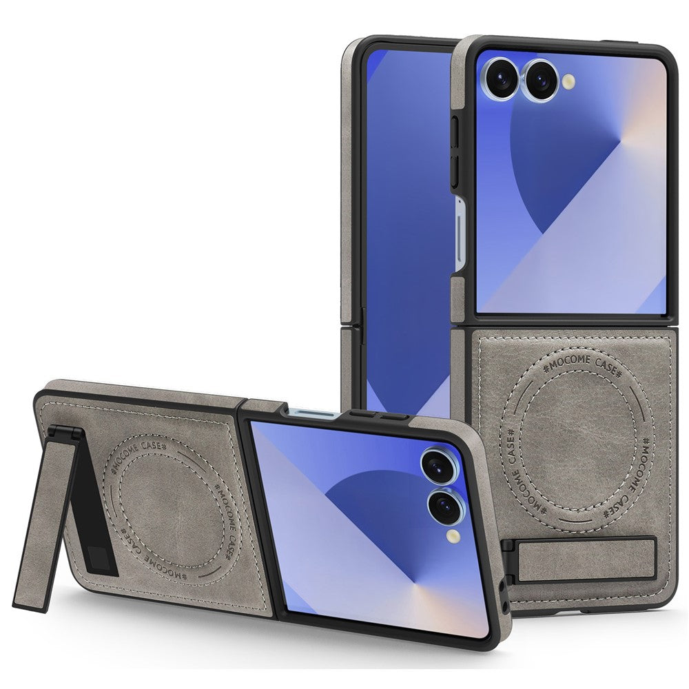 For Samsung Galaxy Z Flip7 5G Case Compatible with MagSafe Kickstand Leather Phone Back Cover - Grey