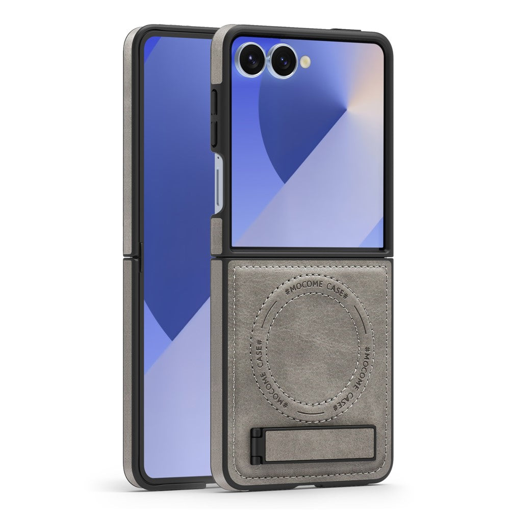 For Samsung Galaxy Z Flip7 5G Case Compatible with MagSafe Kickstand Leather Phone Back Cover - Grey