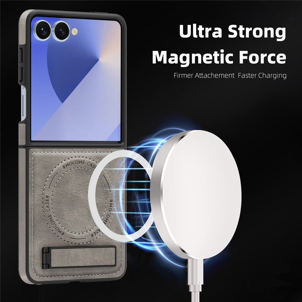 For Samsung Galaxy Z Flip7 5G Case Compatible with MagSafe Kickstand Leather Phone Back Cover - Grey