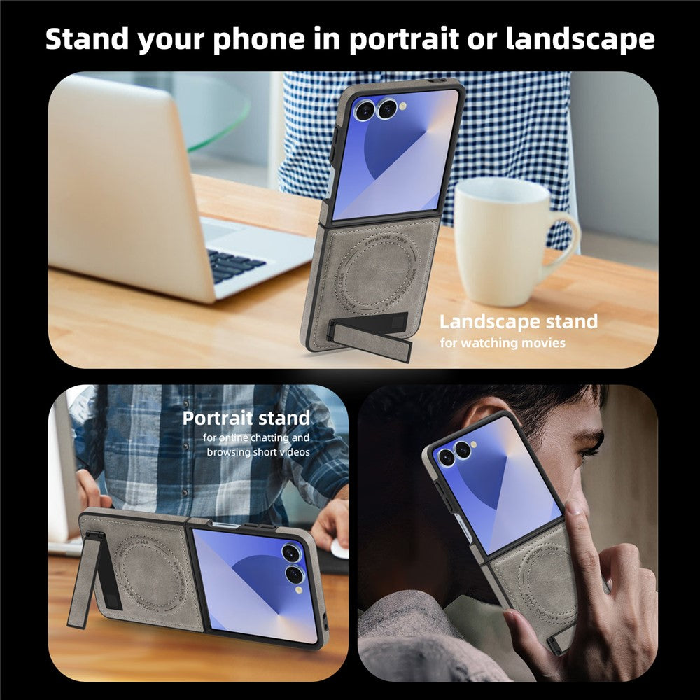For Samsung Galaxy Z Flip7 5G Case Compatible with MagSafe Kickstand Leather Phone Back Cover - Grey