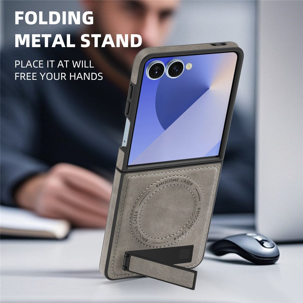 For Samsung Galaxy Z Flip7 5G Case Compatible with MagSafe Kickstand Leather Phone Back Cover - Grey