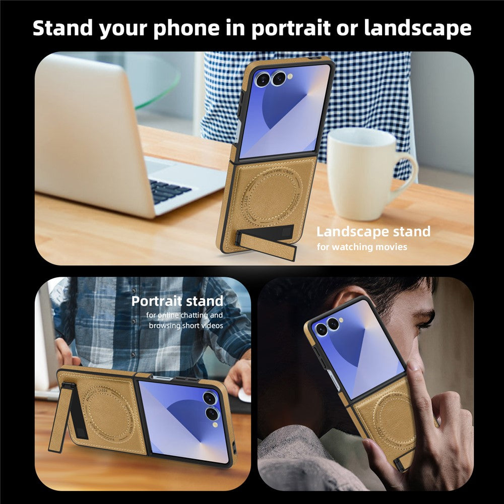 For Samsung Galaxy Z Flip7 5G Case Compatible with MagSafe Kickstand Leather Phone Back Cover - Desert Gold
