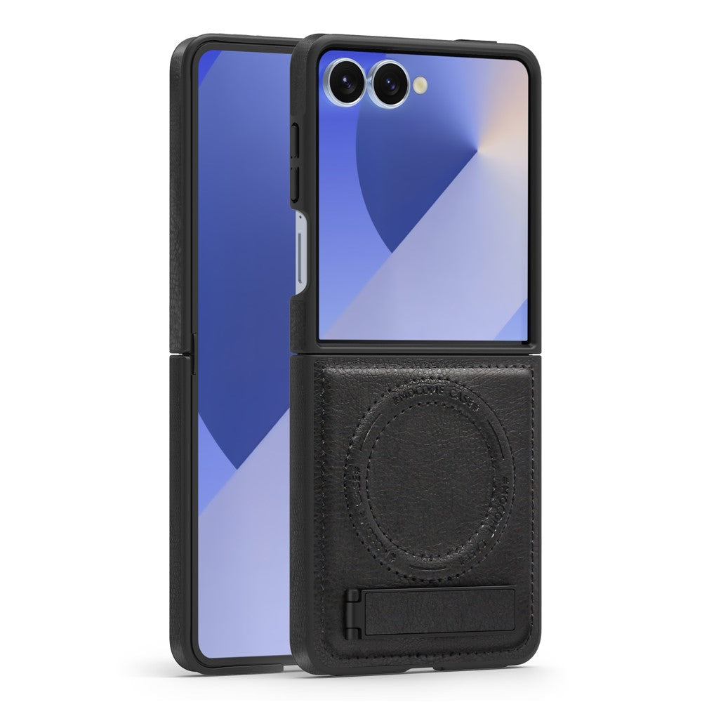 For Samsung Galaxy Z Flip7 5G Case Compatible with MagSafe Kickstand Leather Phone Back Cover - Black