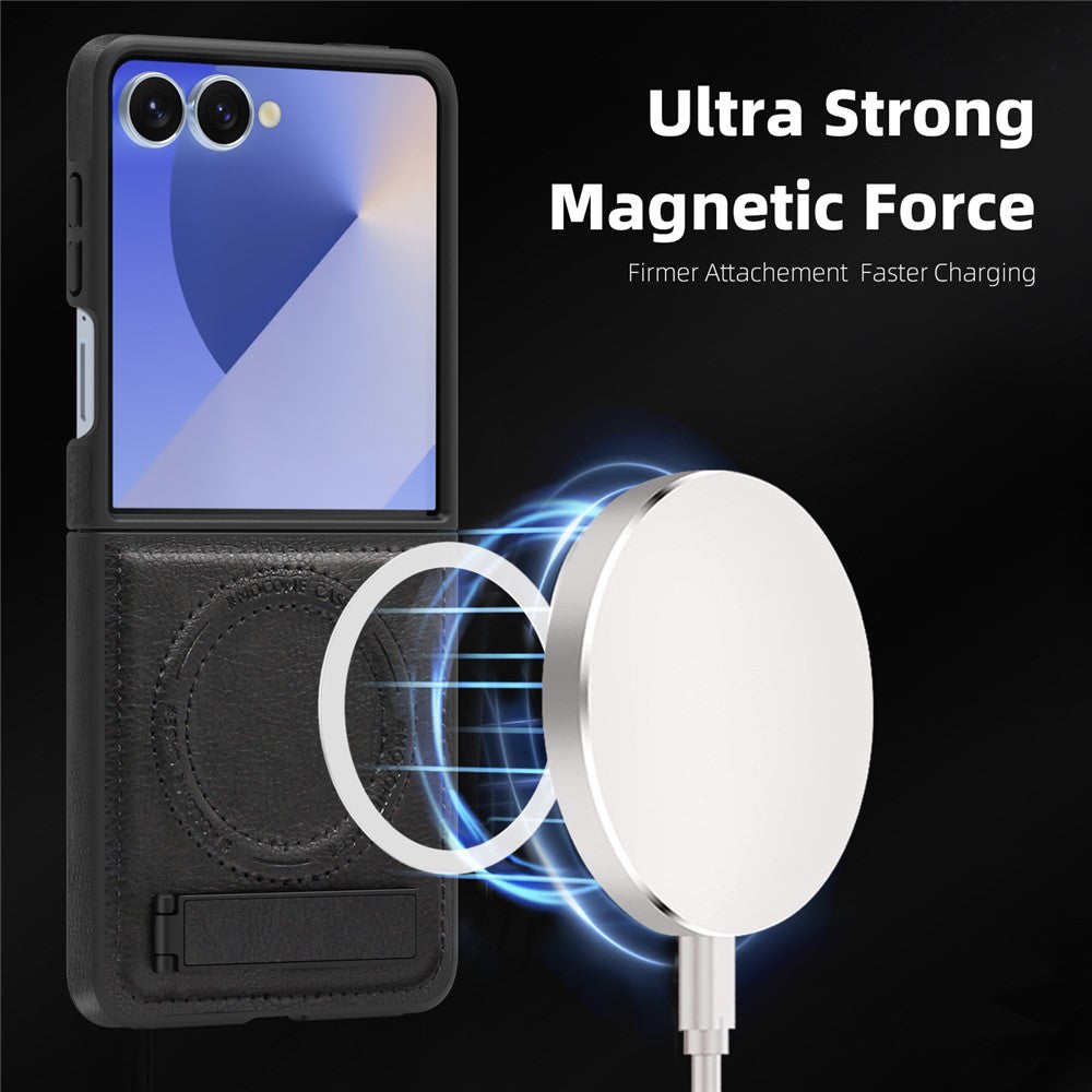 For Samsung Galaxy Z Flip7 5G Case Compatible with MagSafe Kickstand Leather Phone Back Cover - Black