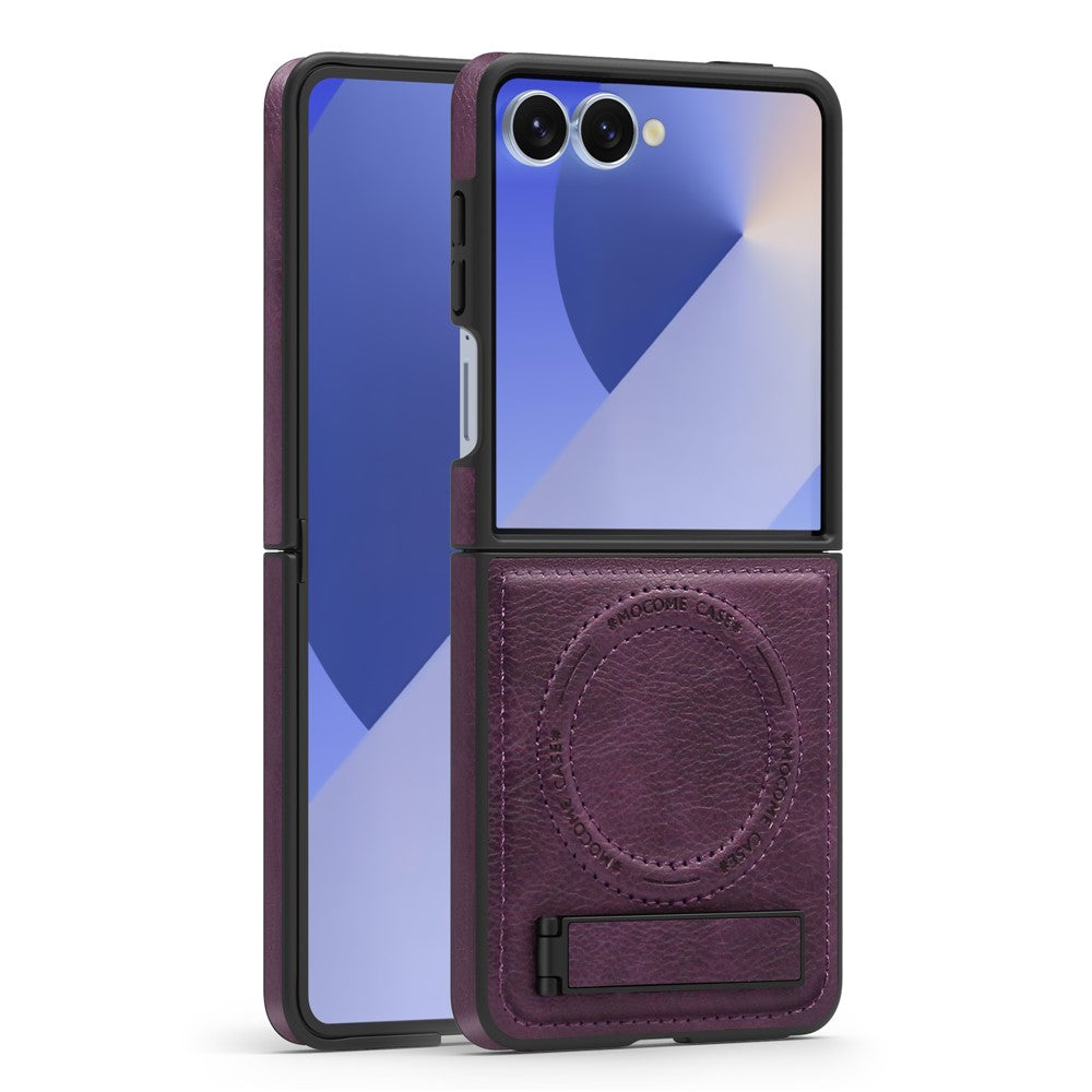 For Samsung Galaxy Z Flip7 5G Case Compatible with MagSafe Kickstand Leather Phone Back Cover - Dark Purple