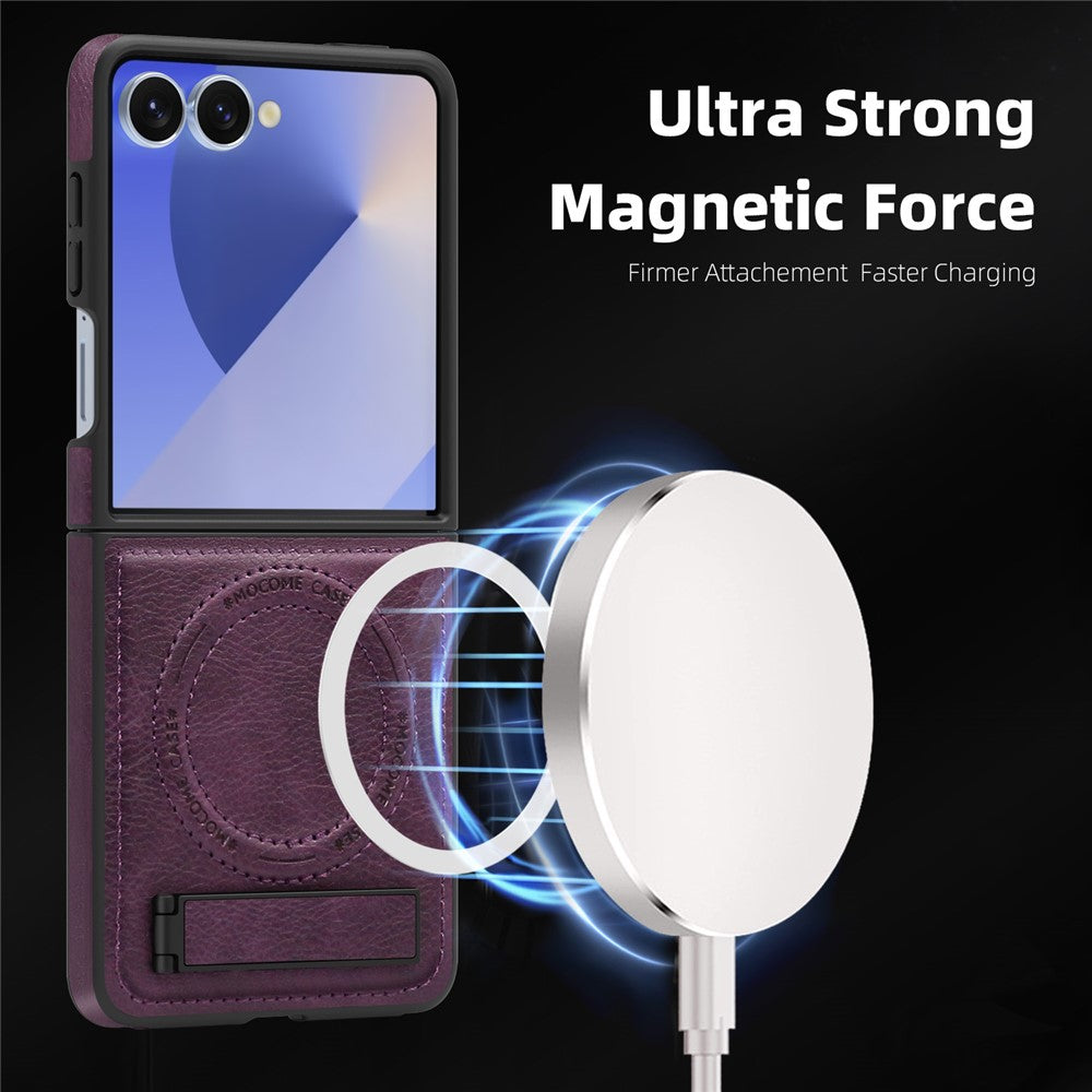 For Samsung Galaxy Z Flip7 5G Case Compatible with MagSafe Kickstand Leather Phone Back Cover - Dark Purple