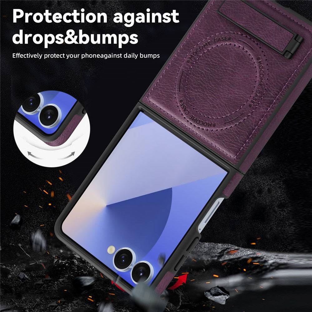For Samsung Galaxy Z Flip7 5G Case Compatible with MagSafe Kickstand Leather Phone Back Cover - Dark Purple