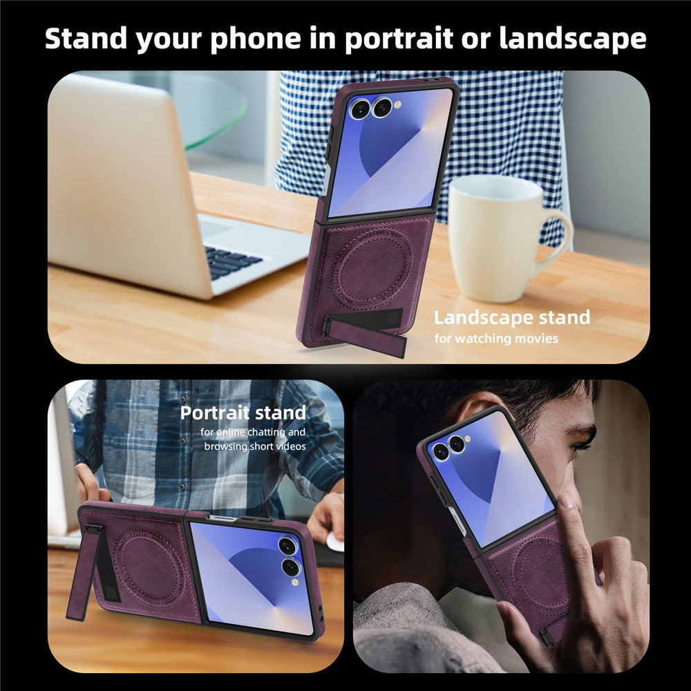 For Samsung Galaxy Z Flip7 5G Case Compatible with MagSafe Kickstand Leather Phone Back Cover - Dark Purple