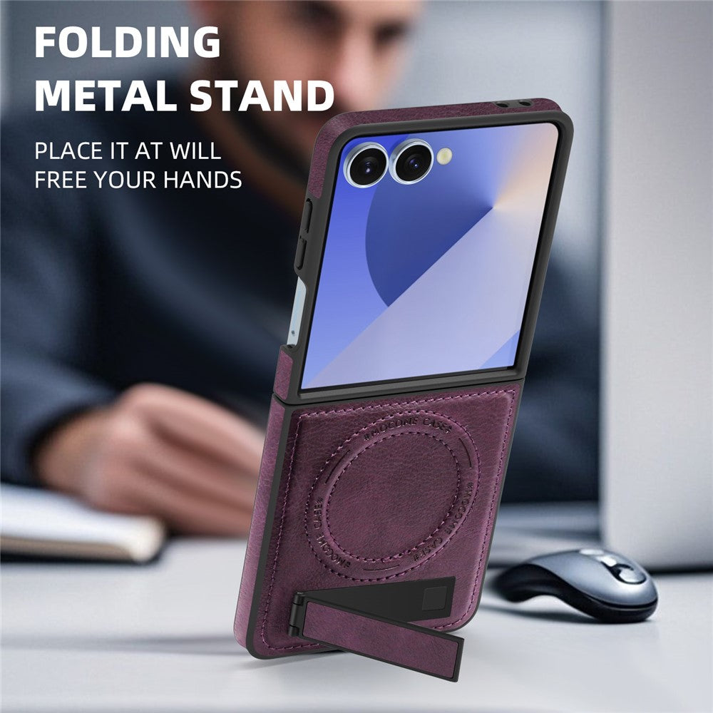For Samsung Galaxy Z Flip7 5G Case Compatible with MagSafe Kickstand Leather Phone Back Cover - Dark Purple