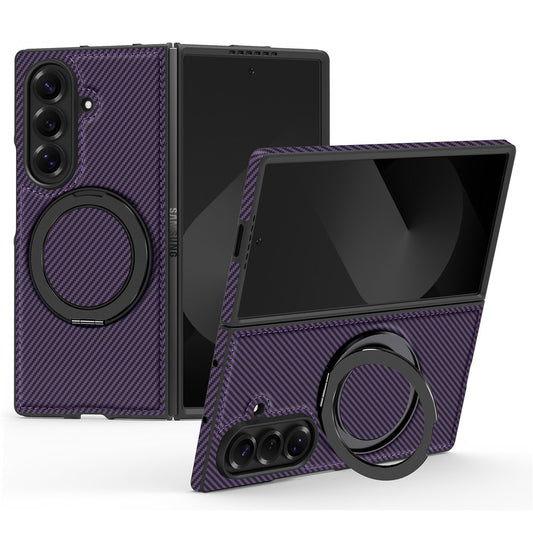 For Samsung Galaxy Z Fold7 5G Magnetic Case Carbon Fiber Texture PU + TPU Kickstand Phone Cover - Dark Purple