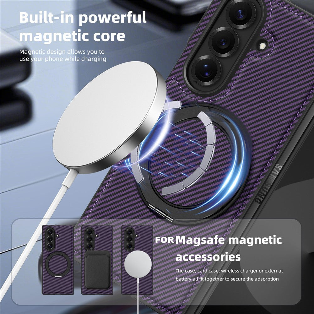 For Samsung Galaxy Z Fold7 5G Magnetic Case Carbon Fiber Texture PU + TPU Kickstand Phone Cover - Dark Purple