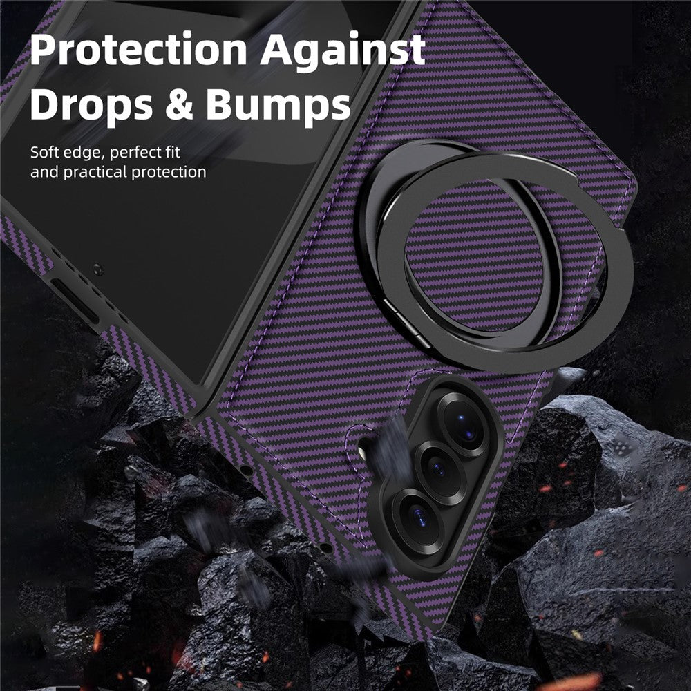 For Samsung Galaxy Z Fold7 5G Magnetic Case Carbon Fiber Texture PU + TPU Kickstand Phone Cover - Dark Purple