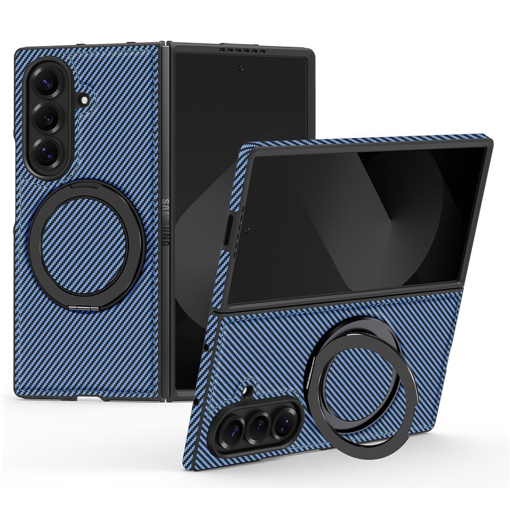 For Samsung Galaxy Z Fold7 5G Magnetic Case Carbon Fiber Texture PU + TPU Kickstand Phone Cover - Blue