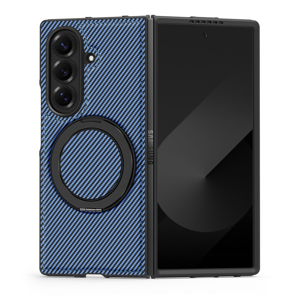 For Samsung Galaxy Z Fold7 5G Magnetic Case Carbon Fiber Texture PU + TPU Kickstand Phone Cover - Blue