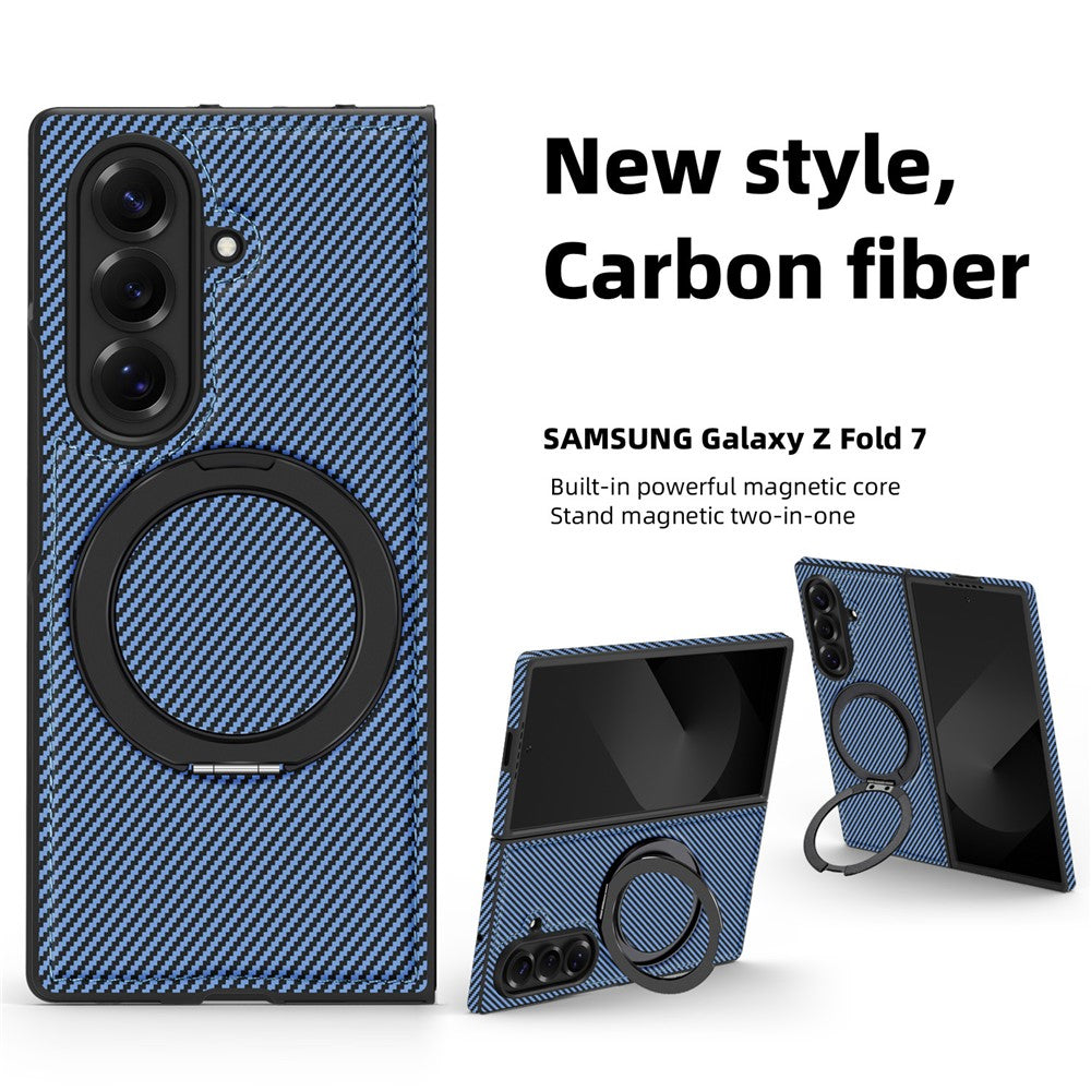 For Samsung Galaxy Z Fold7 5G Magnetic Case Carbon Fiber Texture PU + TPU Kickstand Phone Cover - Blue