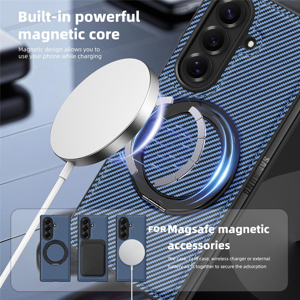 For Samsung Galaxy Z Fold7 5G Magnetic Case Carbon Fiber Texture PU + TPU Kickstand Phone Cover - Blue