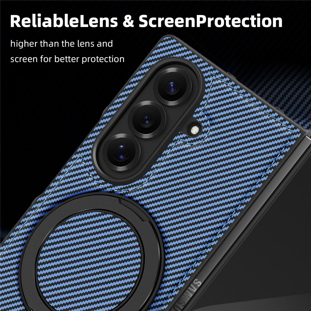 For Samsung Galaxy Z Fold7 5G Magnetic Case Carbon Fiber Texture PU + TPU Kickstand Phone Cover - Blue