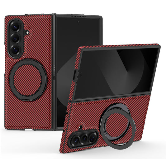 For Samsung Galaxy Z Fold7 5G Magnetic Case Carbon Fiber Texture PU + TPU Kickstand Phone Cover - Red