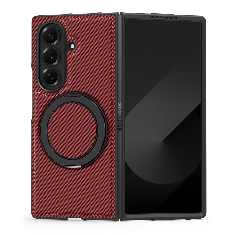 For Samsung Galaxy Z Fold7 5G Magnetic Case Carbon Fiber Texture PU + TPU Kickstand Phone Cover - Red