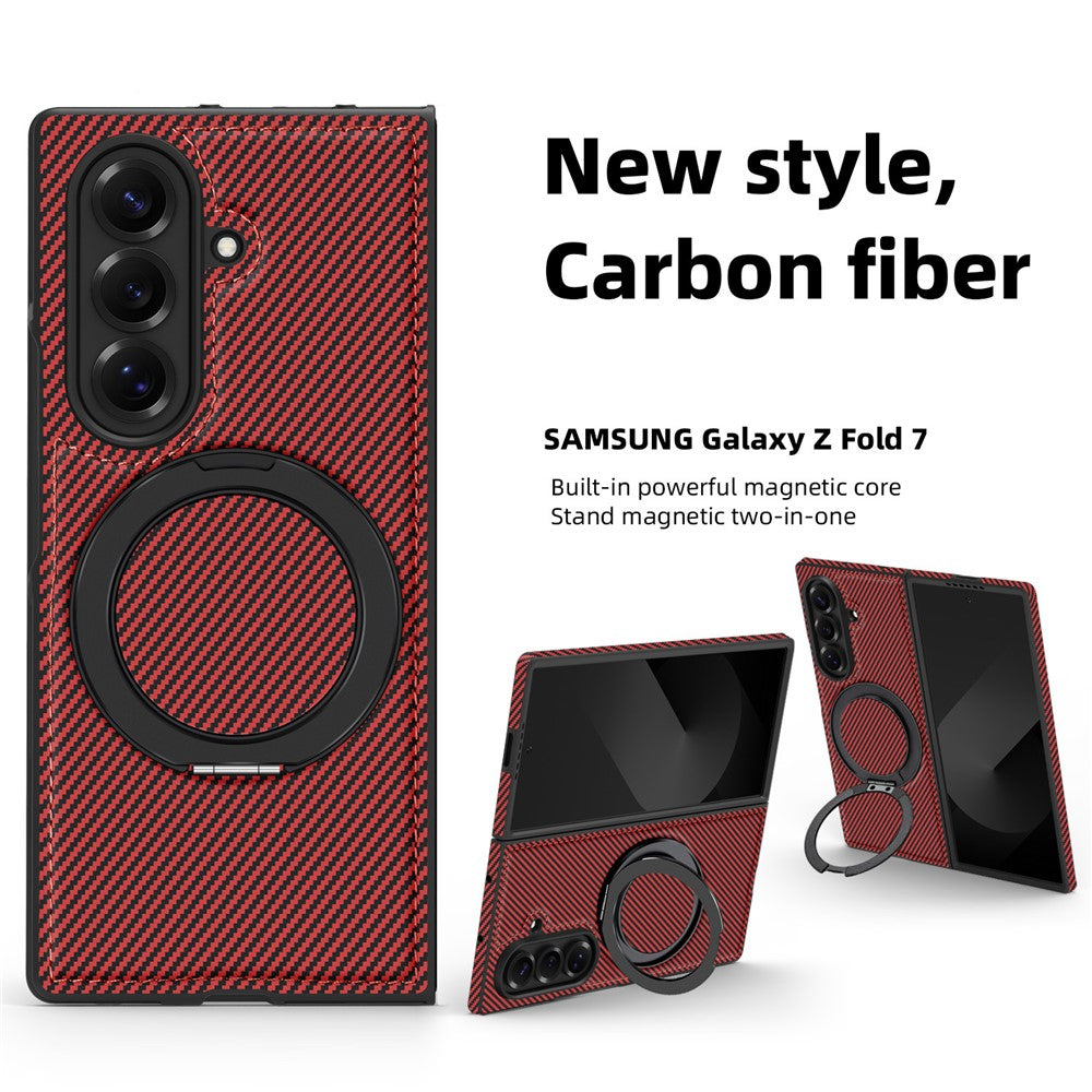 For Samsung Galaxy Z Fold7 5G Magnetic Case Carbon Fiber Texture PU + TPU Kickstand Phone Cover - Red