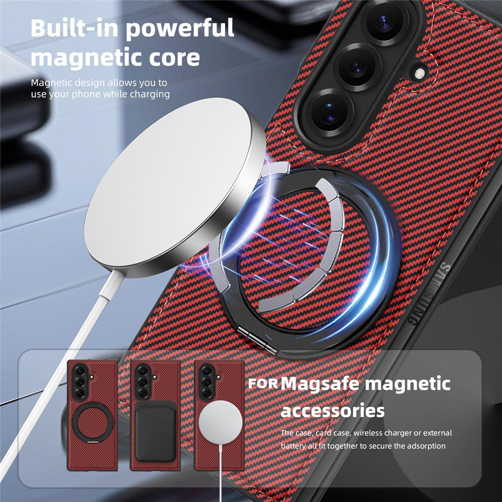 For Samsung Galaxy Z Fold7 5G Magnetic Case Carbon Fiber Texture PU + TPU Kickstand Phone Cover - Red