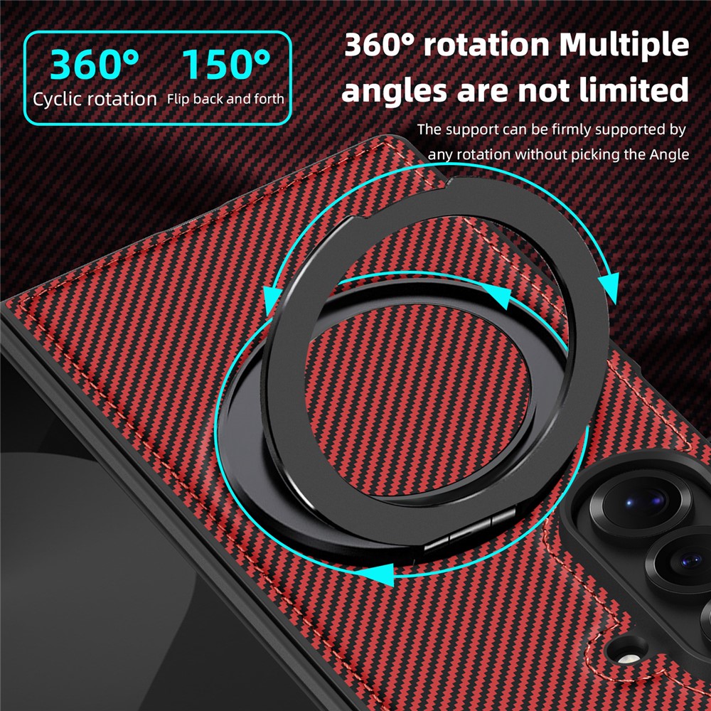 For Samsung Galaxy Z Fold7 5G Magnetic Case Carbon Fiber Texture PU + TPU Kickstand Phone Cover - Red