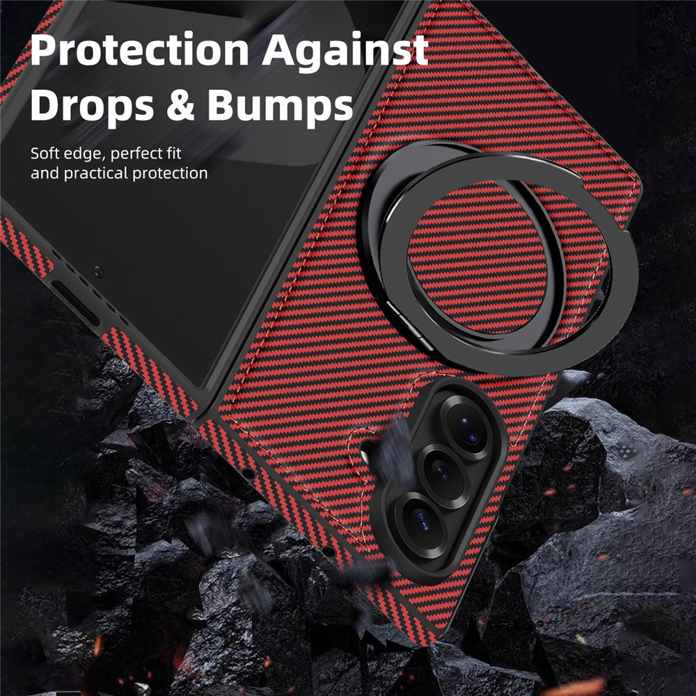 For Samsung Galaxy Z Fold7 5G Magnetic Case Carbon Fiber Texture PU + TPU Kickstand Phone Cover - Red
