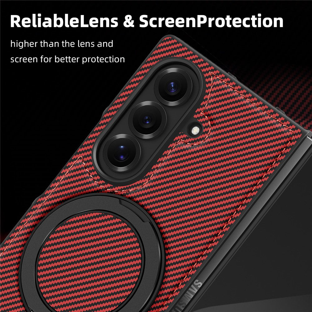 For Samsung Galaxy Z Fold7 5G Magnetic Case Carbon Fiber Texture PU + TPU Kickstand Phone Cover - Red