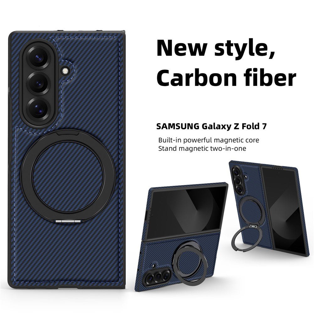 For Samsung Galaxy Z Fold7 5G Magnetic Case Carbon Fiber Texture PU + TPU Kickstand Phone Cover - Sapphire