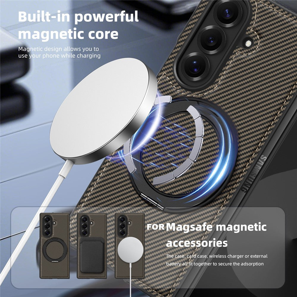 For Samsung Galaxy Z Fold7 5G Magnetic Case Carbon Fiber Texture PU + TPU Kickstand Phone Cover - Coffee