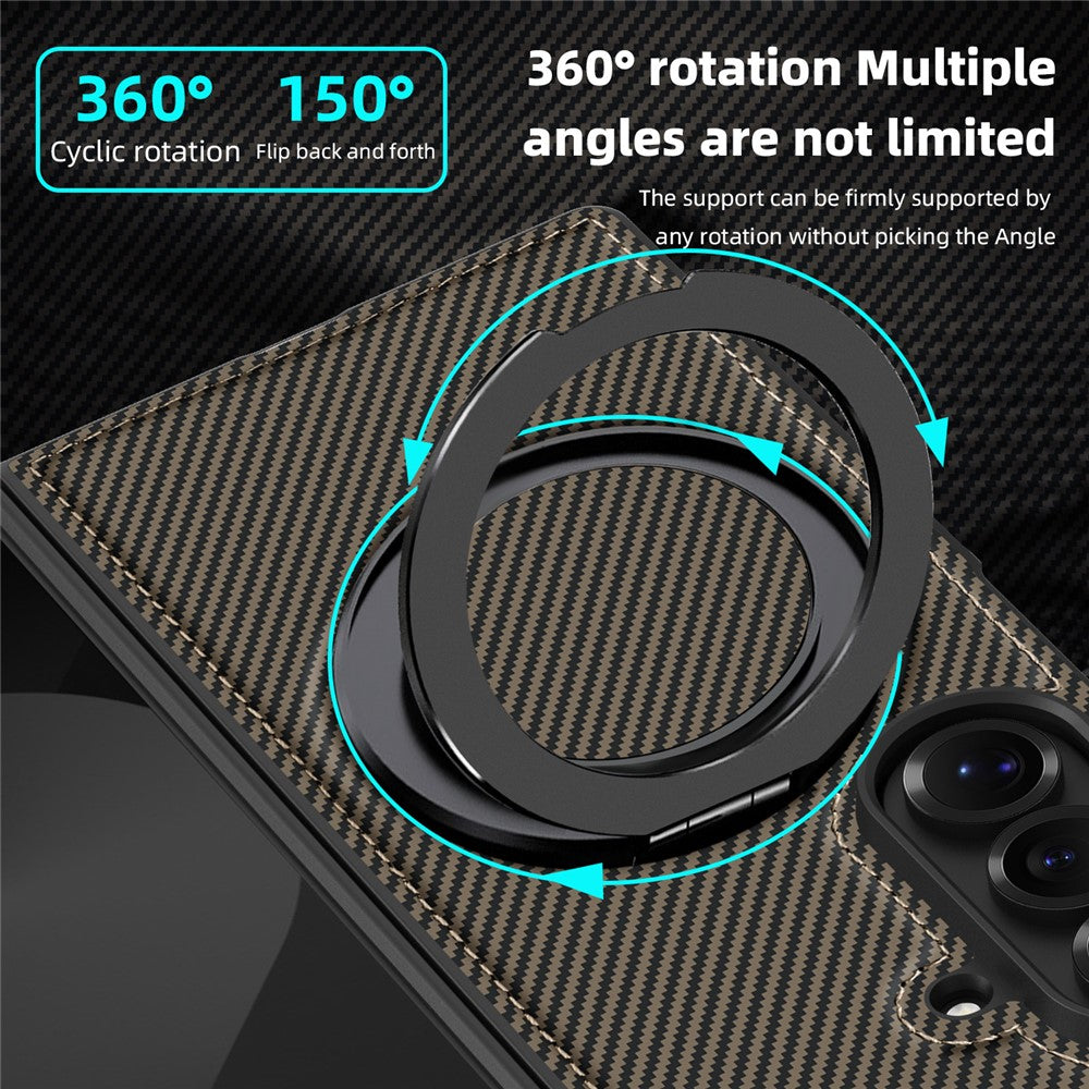 For Samsung Galaxy Z Fold7 5G Magnetic Case Carbon Fiber Texture PU + TPU Kickstand Phone Cover - Coffee