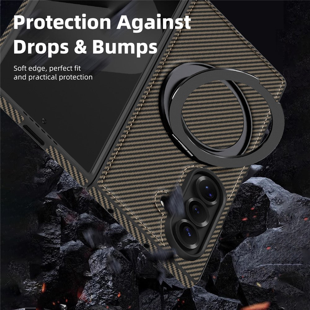 For Samsung Galaxy Z Fold7 5G Magnetic Case Carbon Fiber Texture PU + TPU Kickstand Phone Cover - Coffee