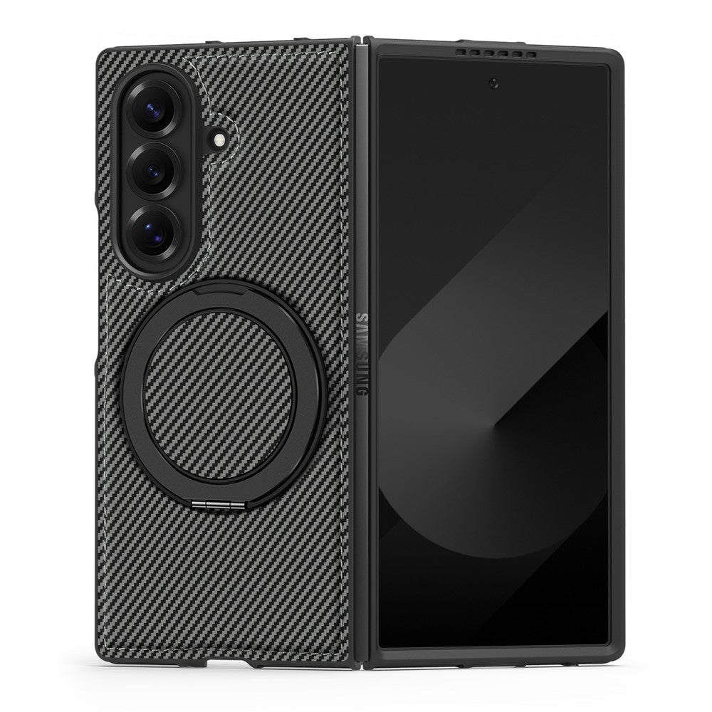 For Samsung Galaxy Z Fold7 5G Magnetic Case Carbon Fiber Texture PU + TPU Kickstand Phone Cover - Titanium Grey