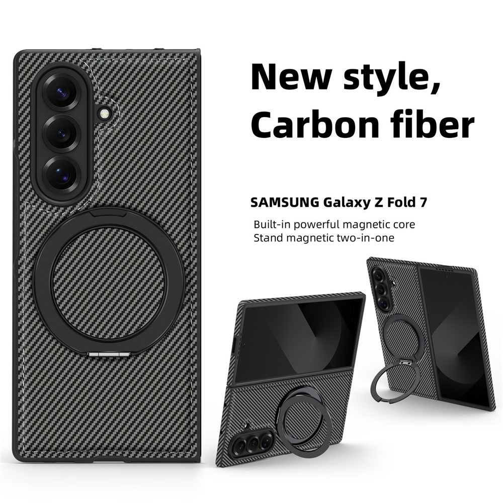 For Samsung Galaxy Z Fold7 5G Magnetic Case Carbon Fiber Texture PU + TPU Kickstand Phone Cover - Titanium Grey
