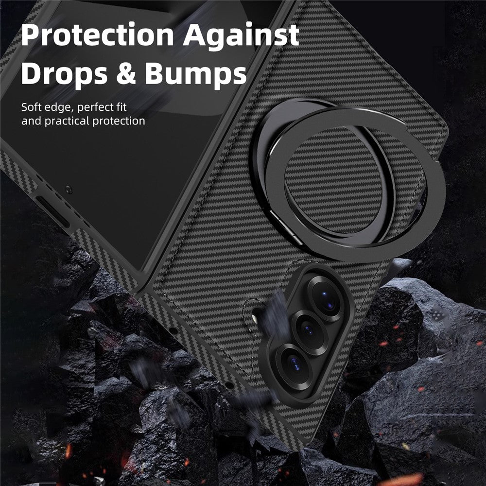 For Samsung Galaxy Z Fold7 5G Magnetic Case Carbon Fiber Texture PU + TPU Kickstand Phone Cover - Titanium Grey