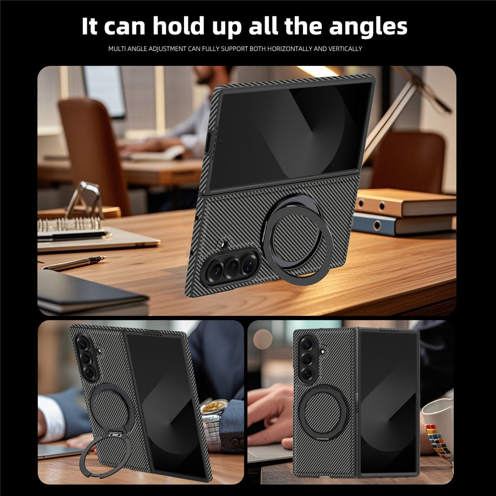 For Samsung Galaxy Z Fold7 5G Magnetic Case Carbon Fiber Texture PU + TPU Kickstand Phone Cover - Titanium Grey