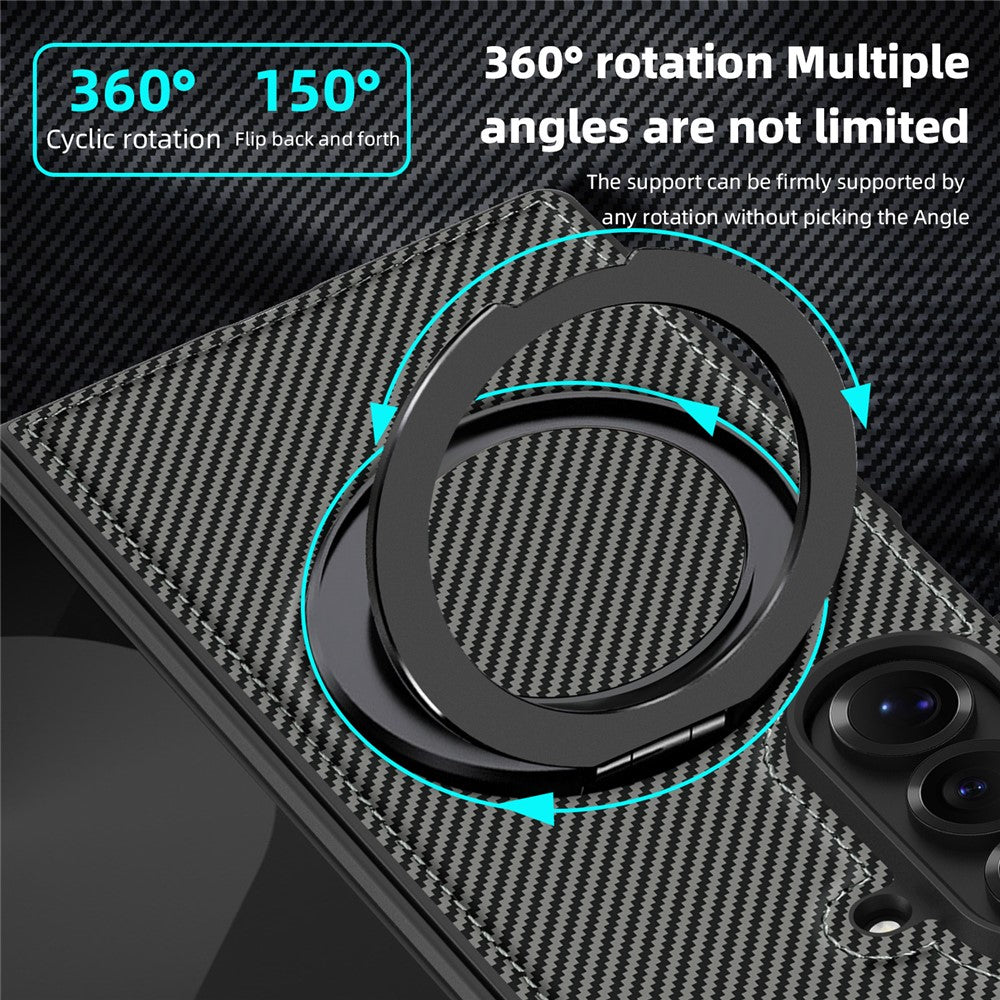 For Samsung Galaxy Z Fold7 5G Magnetic Case Carbon Fiber Texture PU + TPU Kickstand Phone Cover - Titanium Grey
