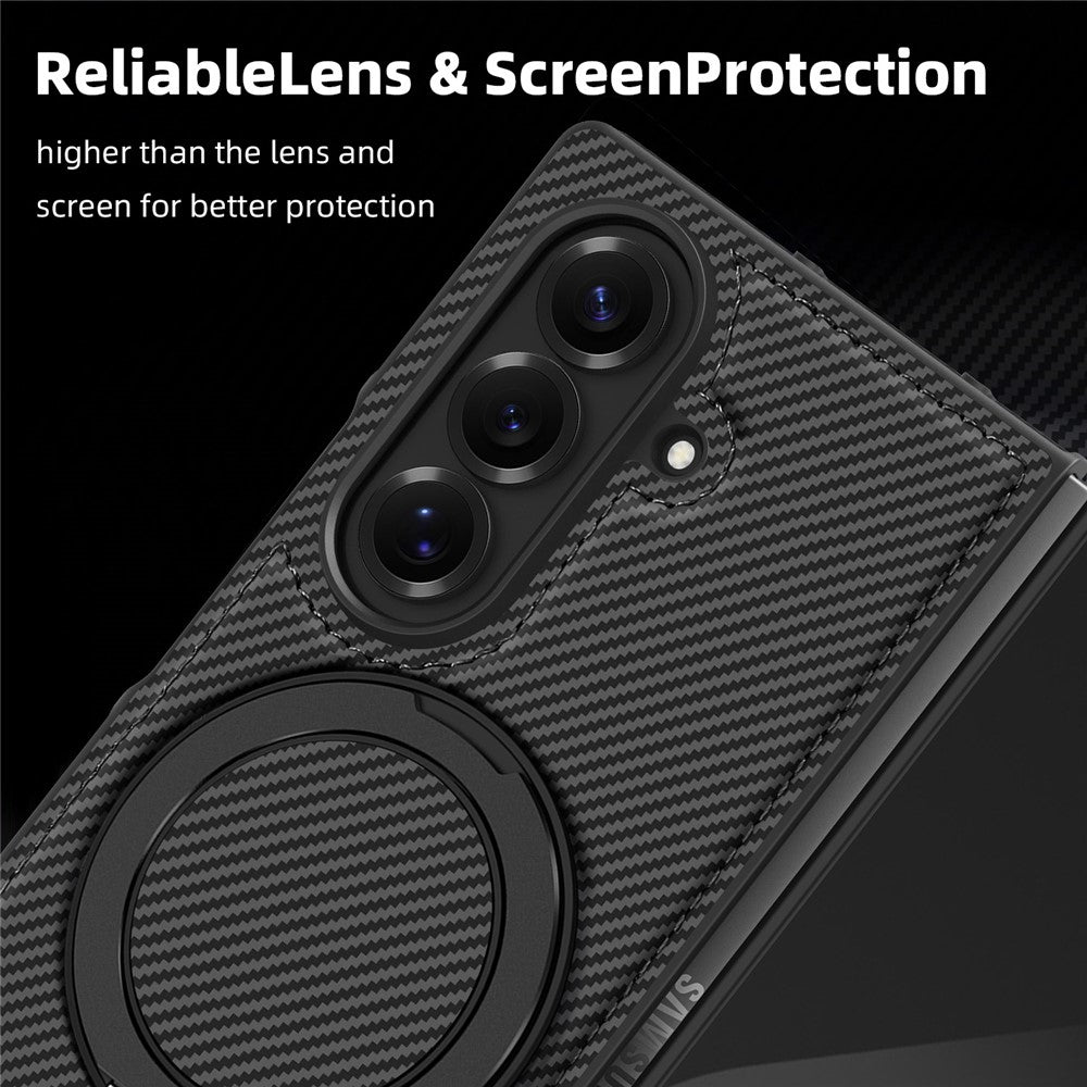 For Samsung Galaxy Z Fold7 5G Magnetic Case Carbon Fiber Texture PU + TPU Kickstand Phone Cover - Black