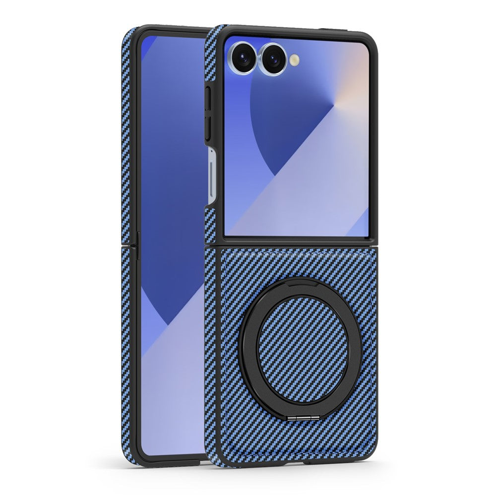 For Samsung Galaxy Z Flip7 5G Magnetic Case Carbon Fiber Texture PU + TPU Kickstand Phone Cover - Blue