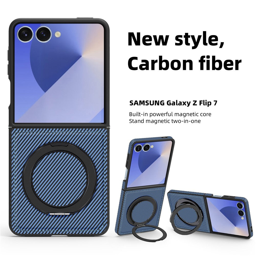 For Samsung Galaxy Z Flip7 5G Magnetic Case Carbon Fiber Texture PU + TPU Kickstand Phone Cover - Blue