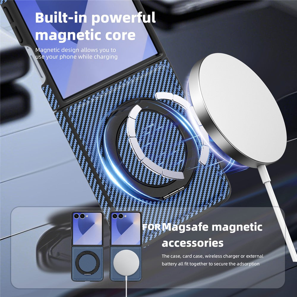 For Samsung Galaxy Z Flip7 5G Magnetic Case Carbon Fiber Texture PU + TPU Kickstand Phone Cover - Blue