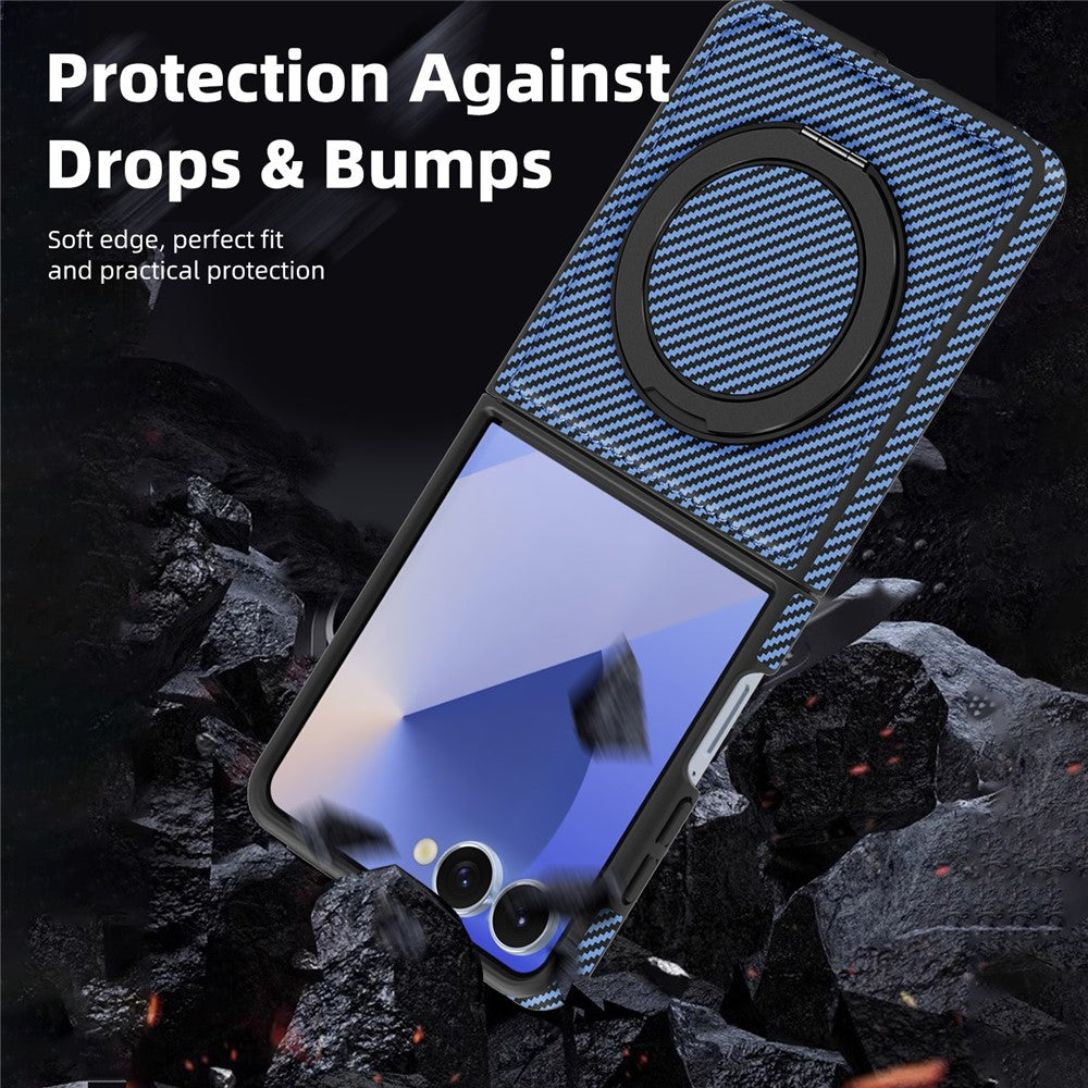 For Samsung Galaxy Z Flip7 5G Magnetic Case Carbon Fiber Texture PU + TPU Kickstand Phone Cover - Blue