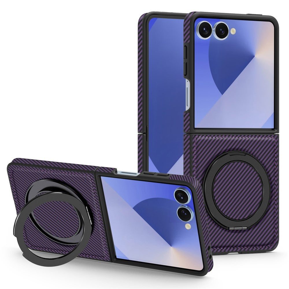 For Samsung Galaxy Z Flip7 5G Magnetic Case Carbon Fiber Texture PU + TPU Kickstand Phone Cover - Dark Purple
