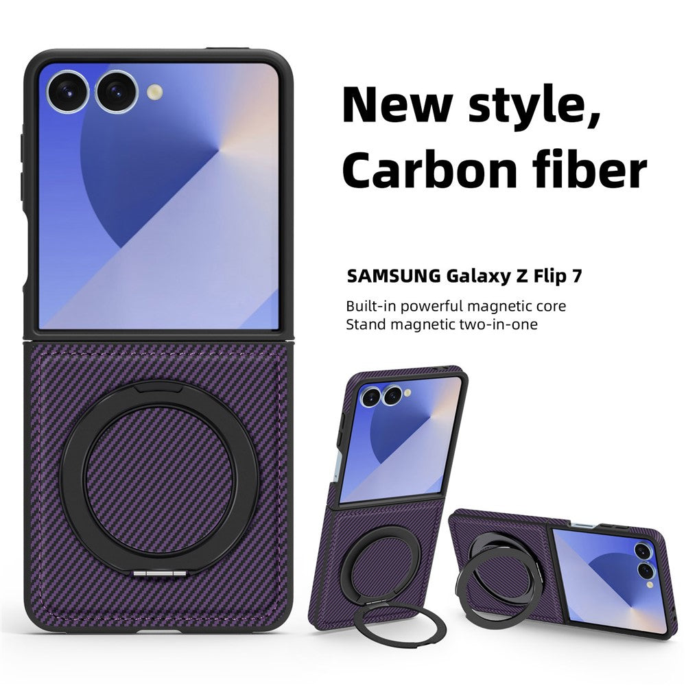 For Samsung Galaxy Z Flip7 5G Magnetic Case Carbon Fiber Texture PU + TPU Kickstand Phone Cover - Dark Purple