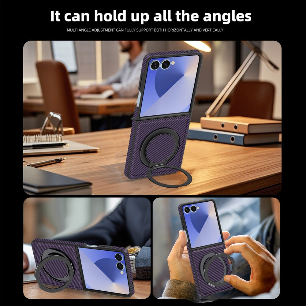 For Samsung Galaxy Z Flip7 5G Magnetic Case Carbon Fiber Texture PU + TPU Kickstand Phone Cover - Dark Purple