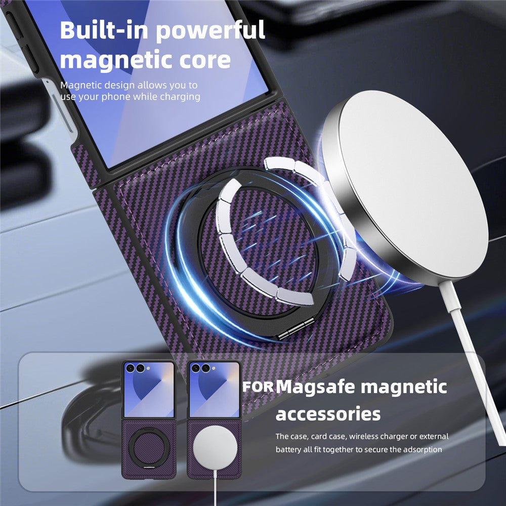 For Samsung Galaxy Z Flip7 5G Magnetic Case Carbon Fiber Texture PU + TPU Kickstand Phone Cover - Dark Purple