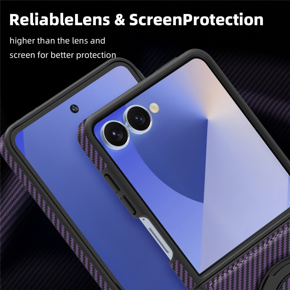 For Samsung Galaxy Z Flip7 5G Magnetic Case Carbon Fiber Texture PU + TPU Kickstand Phone Cover - Dark Purple